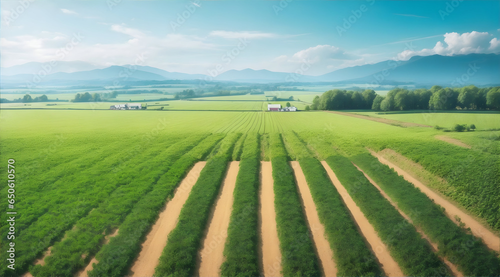 Sprawling Agricultural Farm with Fields of Crops, Tractors, and Machinery Involved in Food Production for a Growing Population | Generative AI