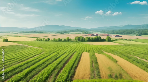 Sprawling Agricultural Farm with Fields of Crops, Tractors, and Machinery Involved in Food Production for a Growing Population (Generative AI) © sanju