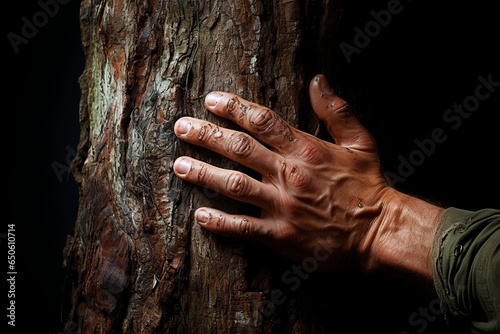 A caring hand gently rests on the weathered tree trunk, embodying the urgent forest conservation cause amidst the backdrop of deforestation, symbolizing hope for the threatened woodland.