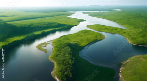 Aerial View of River Delta, Lush Green Vegetation, Winding Waterways, Generative AI - Stunning Delta Landscape, Natural Beauty, Drone Photography, Environmental Exploration, Scenic Riverscape
