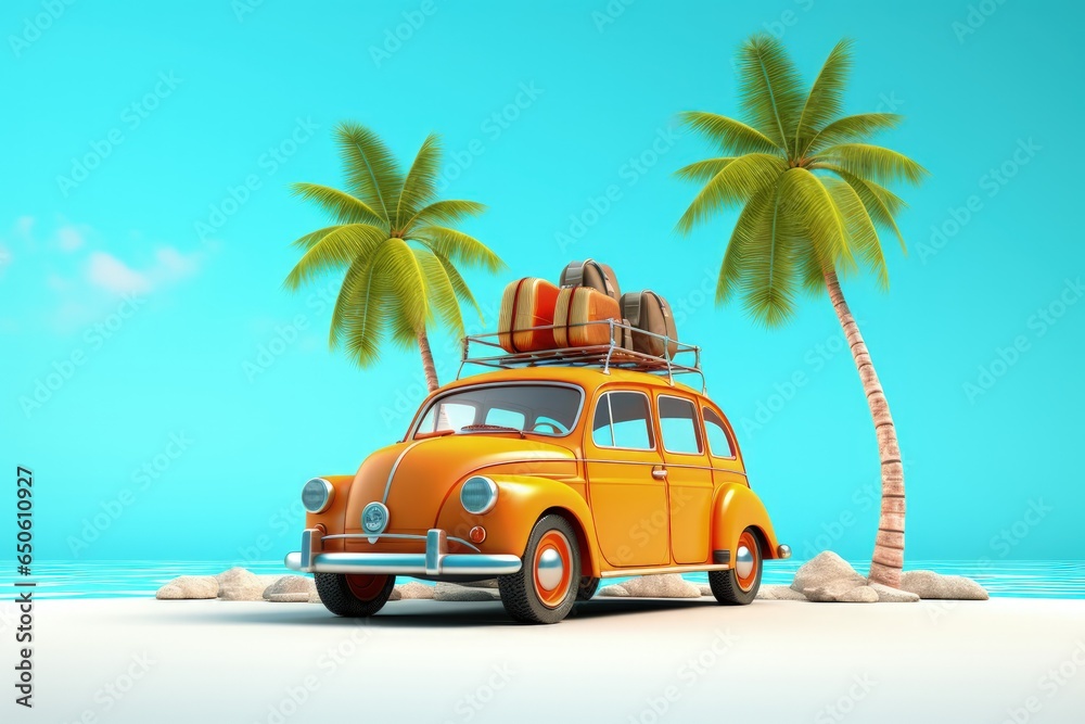 Funny orange retro car with summer holiday accessory on turquoise blue background 3D rendering