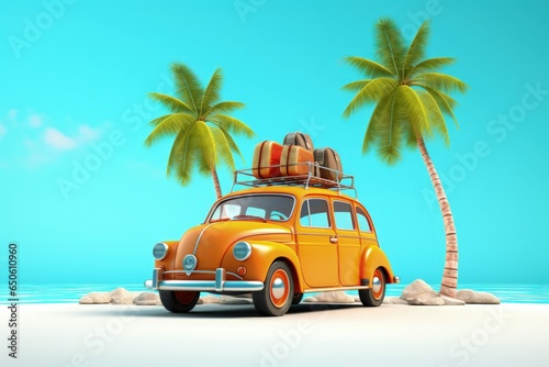 Funny orange retro car with summer holiday accessory on turquoise blue background 3D rendering