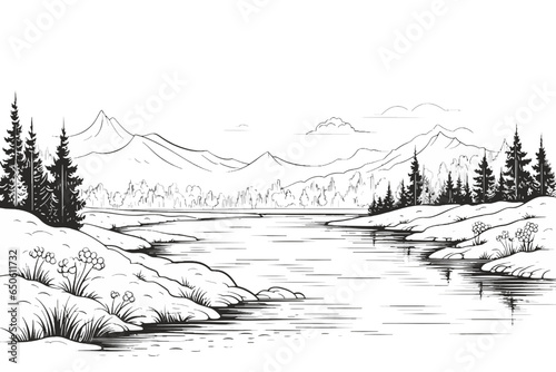 Landscape with mountain river lake forest, outline drawing vector scenery panorama
