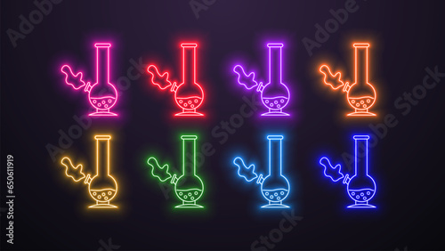 A set of neon cannabis bongs in the colors green, blue, orange, yellow, purple, pink and red on a dark background.