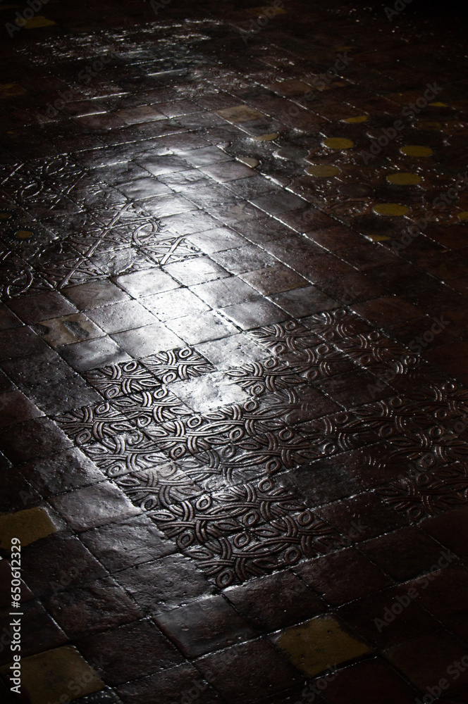 Polished floor inside of the Malbork castle in Poland. Dark, specular reflection, tile, gothic tiles. - obrazy, fototapety, plakaty 