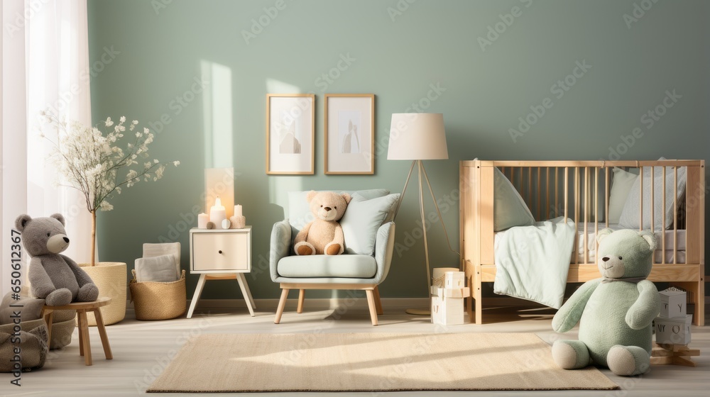 Fototapeta premium An interior render of a nursery, featuring a stylish scandinavian newborn baby room with toys, plush animals, and child accessories