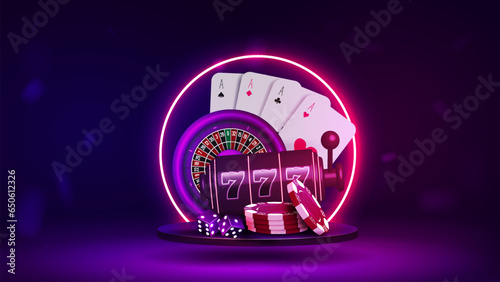 A banner with a roulette for a casino, realistic cards, a slot machine, dice and chips on a podium with a neon frame in blue and purple.