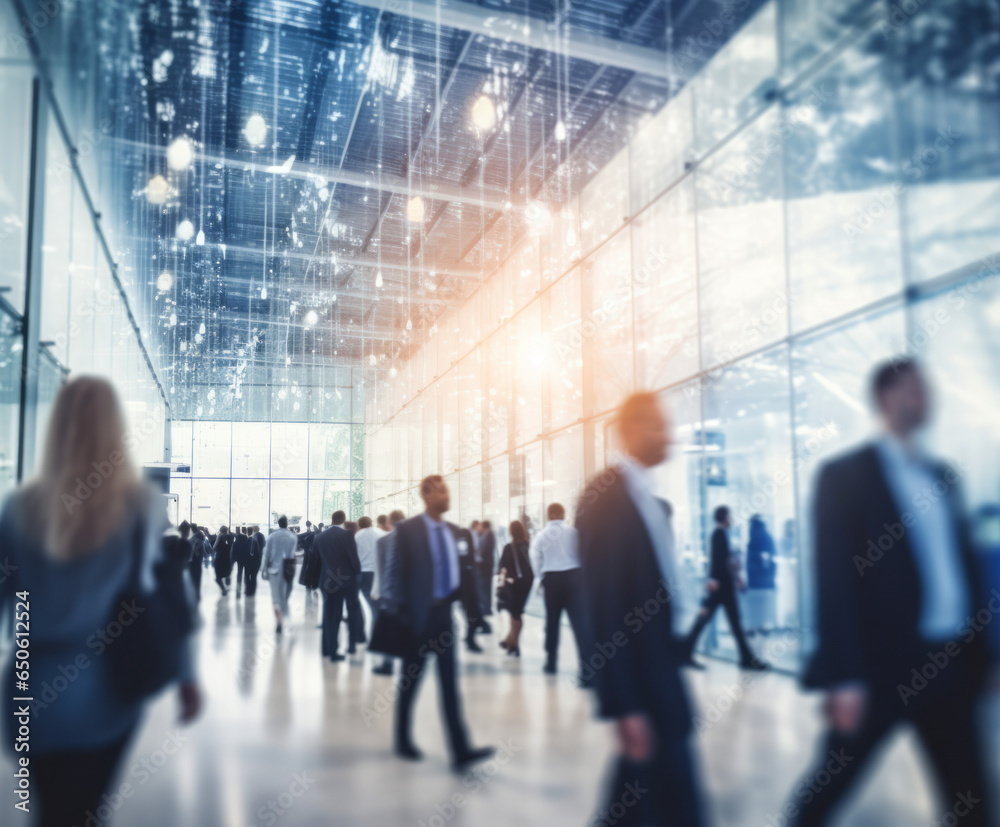 Blurred business people walking at a trade fair, conference or walking in a modern hall or airport, motion speed blur, wide panoramic banner. Blurred business people walking at a trade fair, conference or walking in a modern hall or airport, motion speed blur, wide panoramic banner.