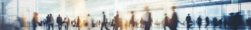 Blurred business people walking at a trade fair, conference or walking in a modern hall or airport, motion speed blur, wide panoramic banner. Blurred business people walking at a trade fair, conference or walking in a modern hall or airport, motion speed blur, wide panoramic banner.