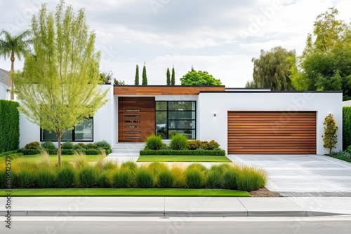Modern ranch style minimalist cubic house with garage and landscaping design front yard. Residential architecture exterior with wooden cladding and white walls.