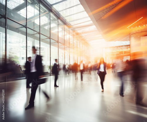 Blurred business people walking at a trade fair, conference or walking in a modern hall or airport, motion speed blur, wide panoramic banner.