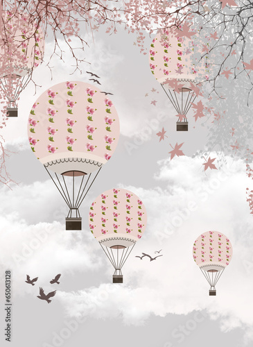 soft pink balloons on a light grey background of the sky