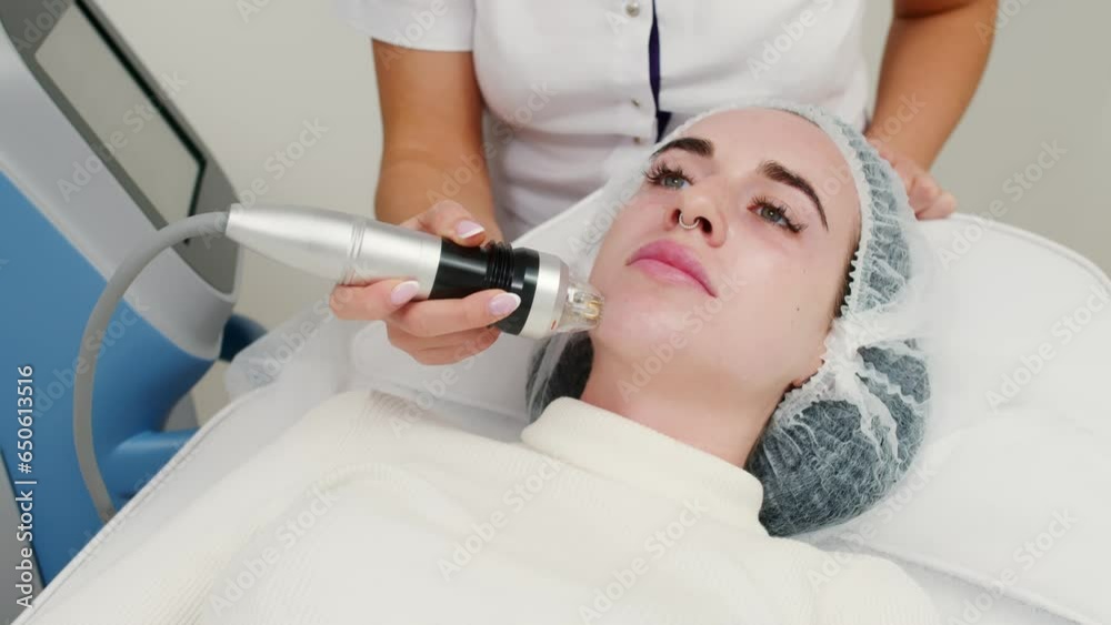 Fractional microneedle RF lifting procedure in beauty clinic. Hardware cosmetology. Close up. Beautician making facial rejuvenation treatment. Skincare anti-age concept. Cosmetologist. 4 k video Fractional microneedle RF lifting procedure in beauty clinic. Hardware cosmetology. Close up. Beautician making facial rejuvenation treatment. Skincare anti-age concept. Cosmetologist. 4 k video