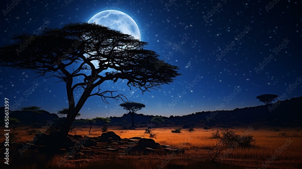 A majestic tree under the enchanting glow of a full moon in a serene field A majestic tree under the enchanting glow of a full moon in a serene field
