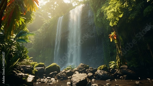 Fototapeta Naklejka Na Ścianę i Meble -  A majestic waterfall surrounded by lush jungle foliage