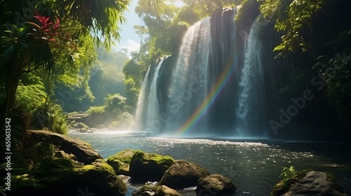 A majestic waterfall with a vibrant rainbow cascading through its misty waters