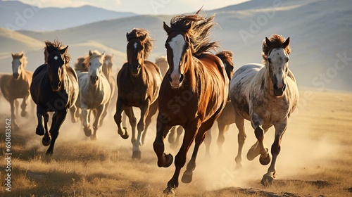 A group of wild horses galloping across a sun-drenched meadow