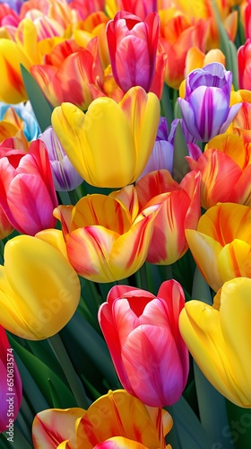 A vibrant field of colorful tulips in full bloom