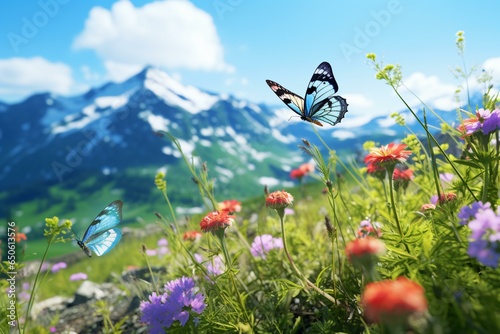 Two colorful butterflies in a vibrant floral landscape © KWY