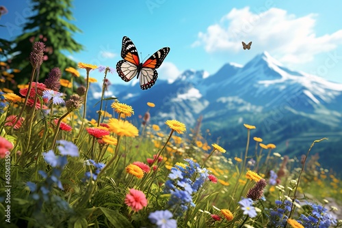 A butterfly gracefully fluttering above a vibrant field of wildflowers