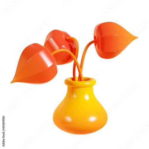Decorative physalis bouquet in vase 3d render illustration. Cartoon icon of autumn and winter dry flower. photo