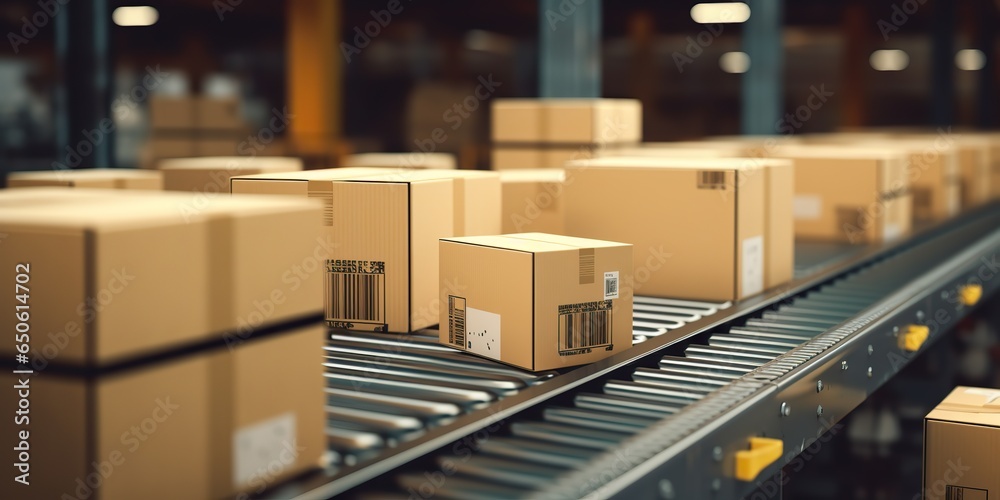 AI Generated. AI Generative. Factory shipping cargo delivery factory conveyor belt with many cartoon box moving. Graphic Art AI Generated. AI Generative. Factory shipping cargo delivery factory conveyor belt with many cartoon box moving. Graphic Art