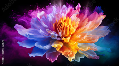 Craft an image where a color powder bloom is illuminated from behind, creating a halo effect.