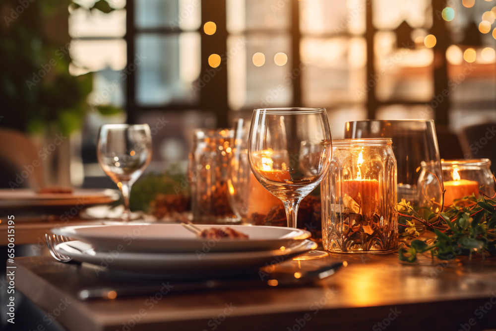 Elegant table setting with candles in restaurant. Selective focus. Romantic dinner setting with candles on table in restaurant.
