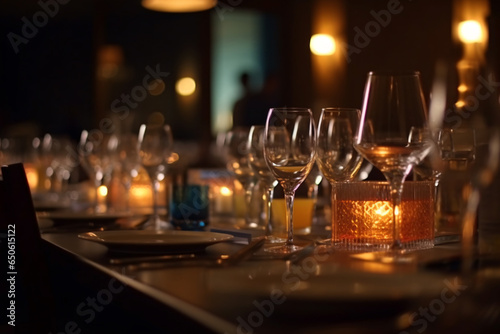 Elegant table setting with candles in restaurant. Selective focus. Romantic dinner setting with candles on table in restaurant. 