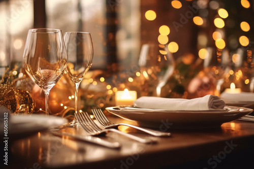 Elegant table setting with candles in restaurant. Selective focus. Romantic dinner setting with candles on table in restaurant. 