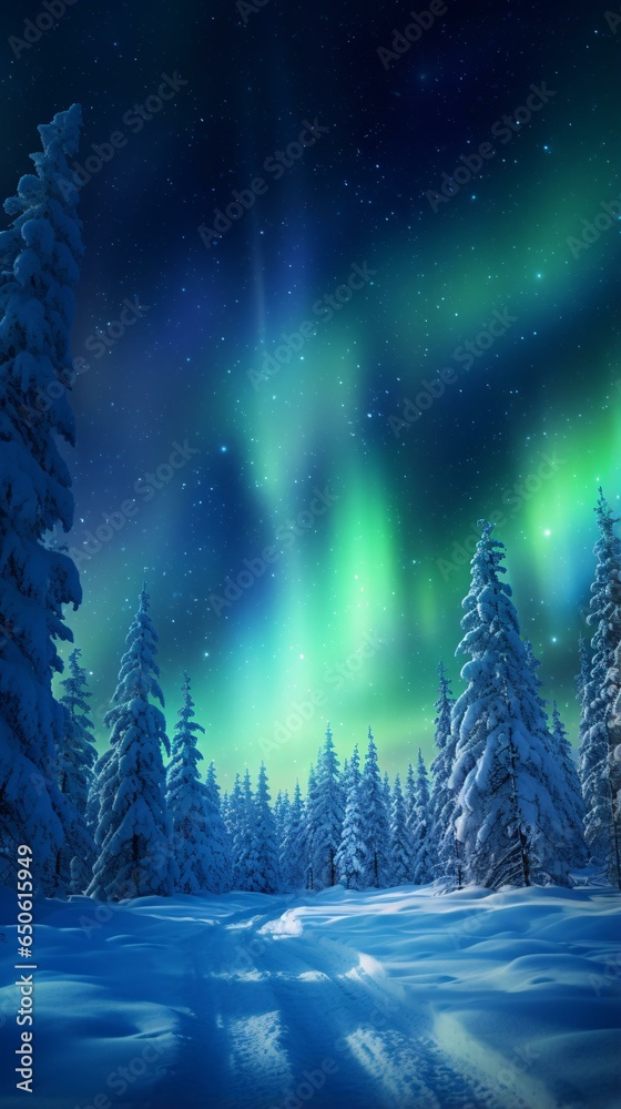A winter wonderland with a mesmerizing display of the Northern Lights dancing above a snowy forest