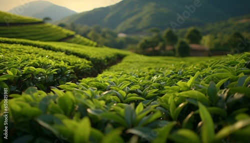 A scenic tea plantation with majestic mountains in the backdrop photo