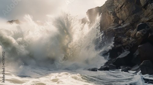 A powerful wave crashing against a rugged cliff