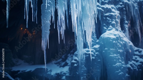 Icicles hanging from the ceiling of a stunning ice cave photo