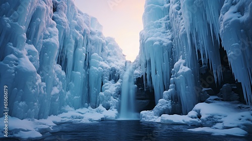 A stunning frozen waterfall in the midst of a flowing river