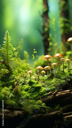 A cluster of mushrooms in a vibrant forest ecosystem