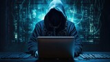 Hooded mysterious figure engaged cyber operations.