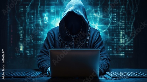 Hooded mysterious figure engaged cyber operations.