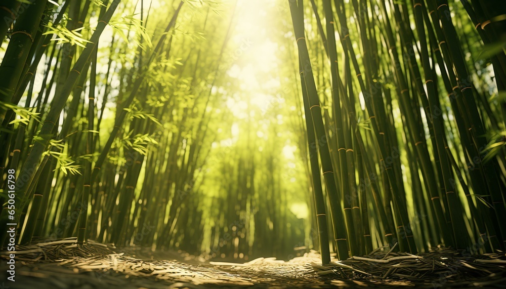 Sunlight streaming through a grove of bamboo trees