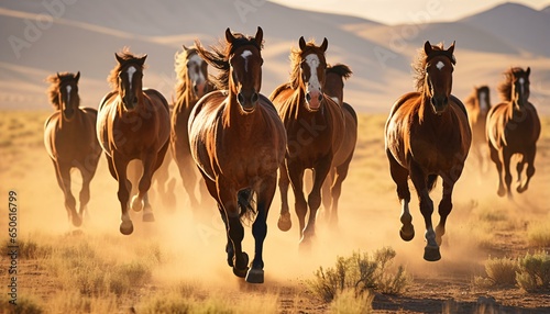 A herd of wild horses galloping across the sandy desert landscape