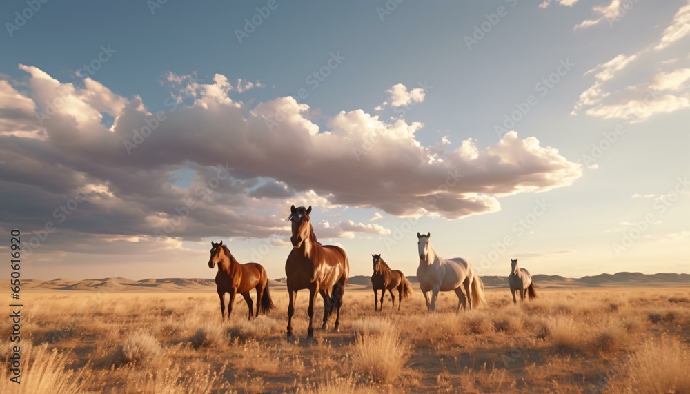 A majestic herd of horses grazing on a golden field - obrazy, fototapety, plakaty 