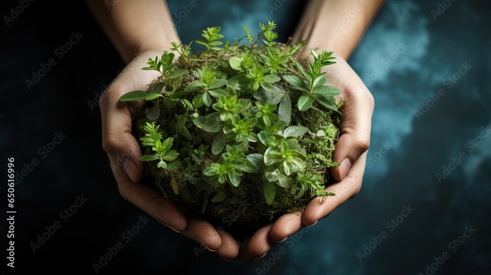 a photo of a person hands holding earth with a small green sprout plant growing. care for the planet. 
