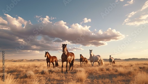 A majestic herd of horses grazing on a golden field