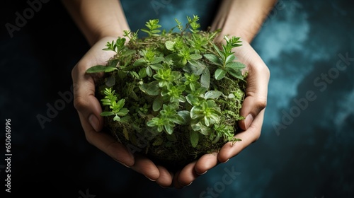 a photo of a person hands holding earth with a small green sprout plant growing. care for the planet. 