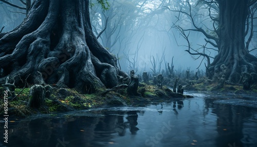 A serene swamp landscape with lush trees and calm water © KWY