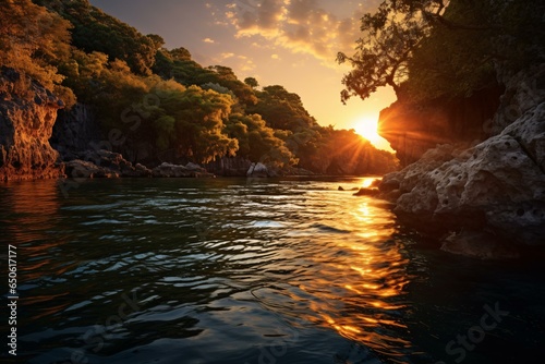 A beautiful sunset over a rocky shoreline