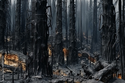 A charred landscape after a devastating forest fire