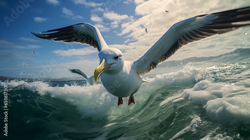 A seagull in mid-flight over a crashing wave in the vast ocean © KWY
