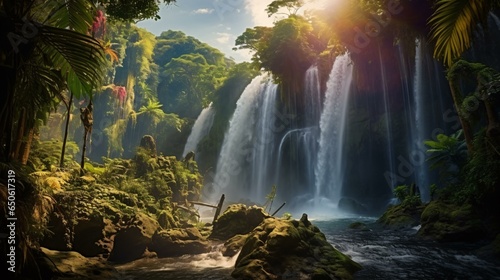A majestic waterfall surrounded by lush greenery in a beautiful forest