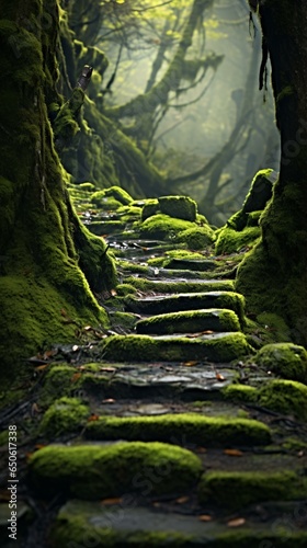 A serene mossy path winding through a lush forest